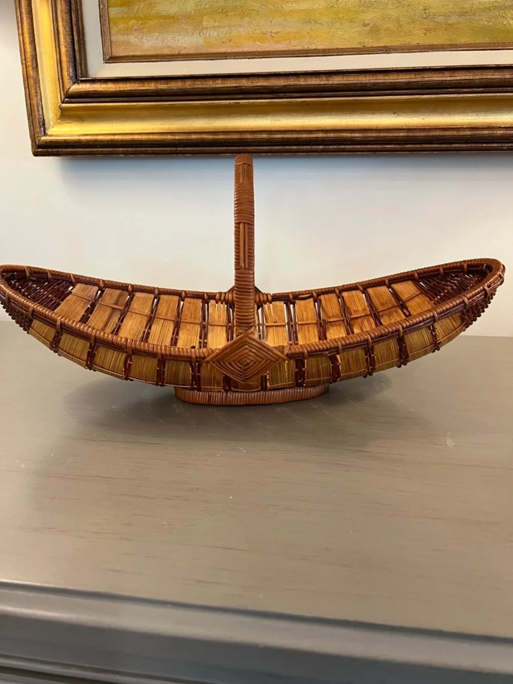Vintage Japanese Ikebana Boat Basket Hand Woven Eye Of God Flowers Bread Fruit